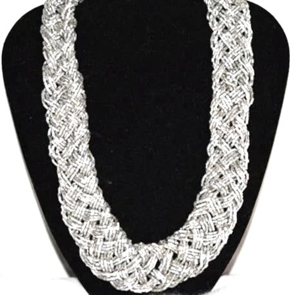Vintage Shimmer Shine Silver Braided Beads Chunky Statemet Bib 18" Necklace